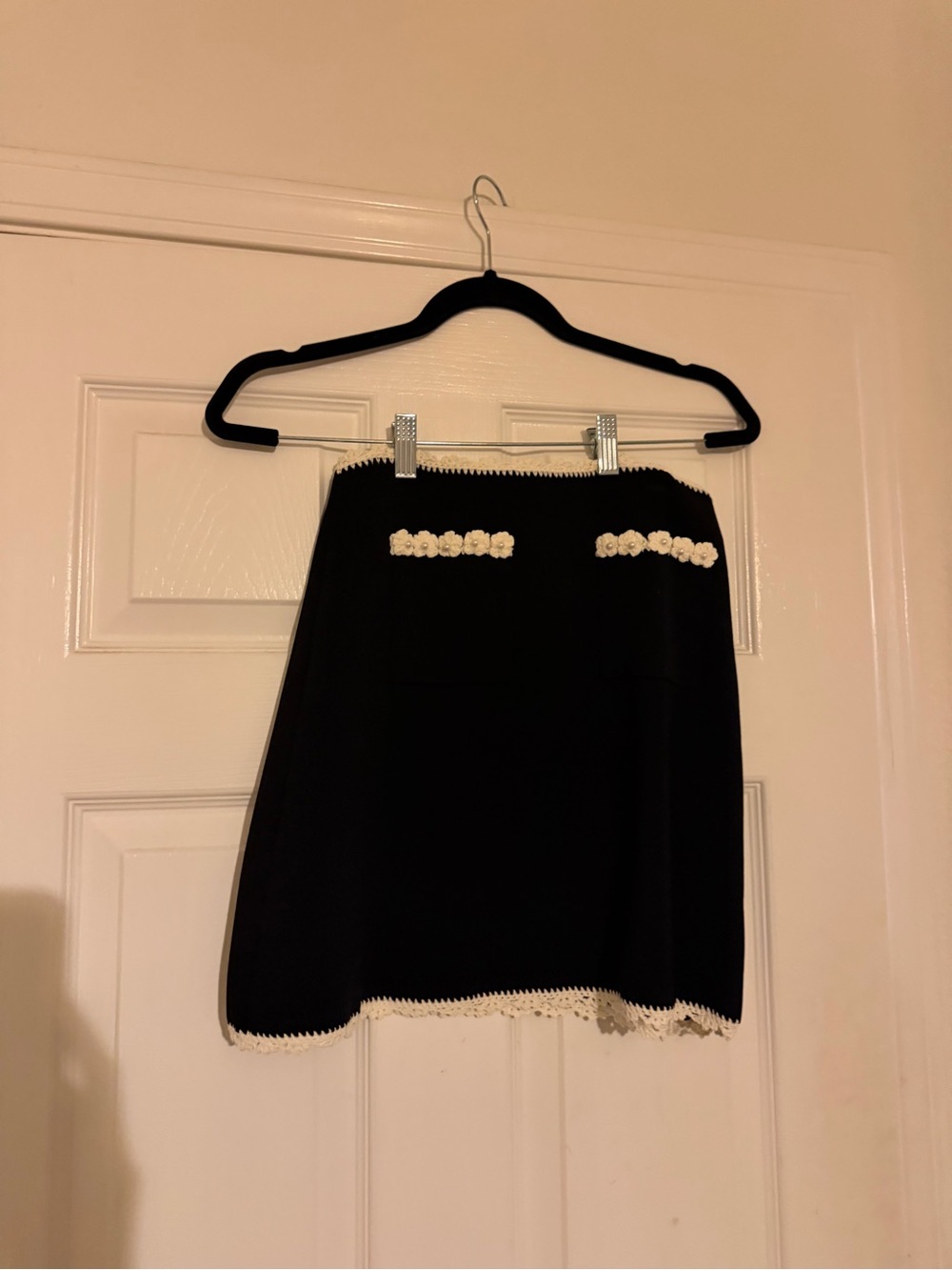 Sandro Black Mini Skirt with Cream Crochet Trim